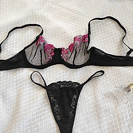 Pembe Çiçekli Siyah Dantelli Nakışlı Balenli Transparan Brode Bralet Sütyen Takım