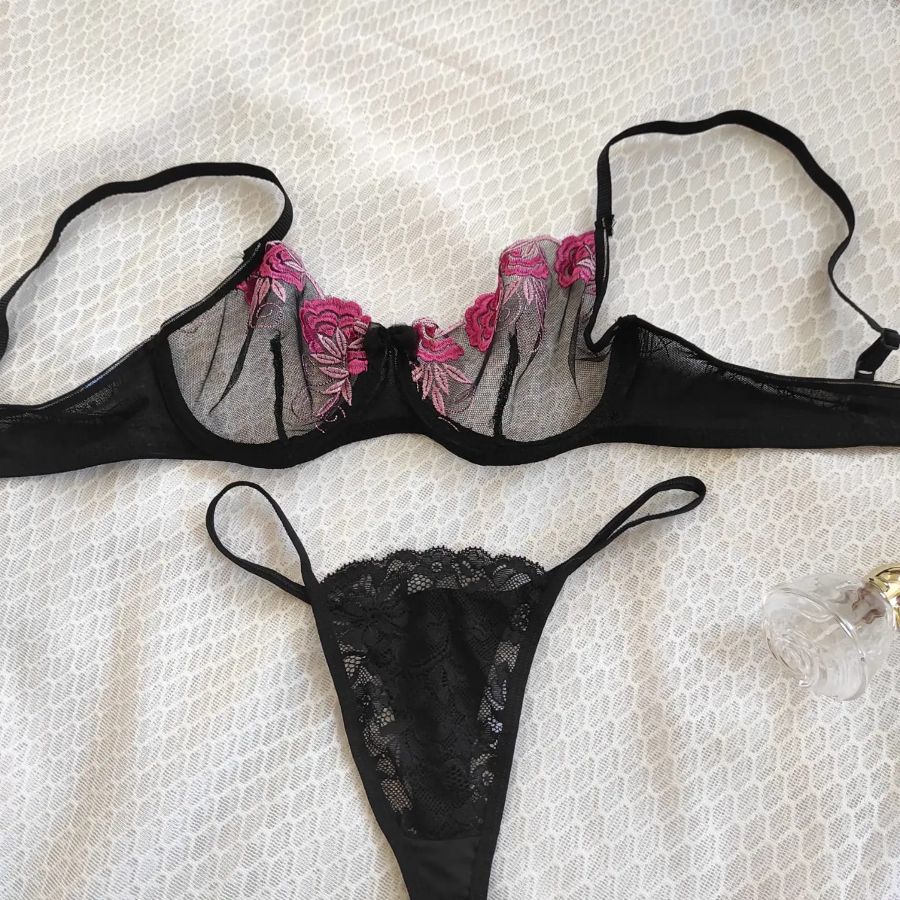 Pembe Çiçekli Siyah Dantelli Nakışlı Balenli Transparan Brode Bralet Sütyen Takım